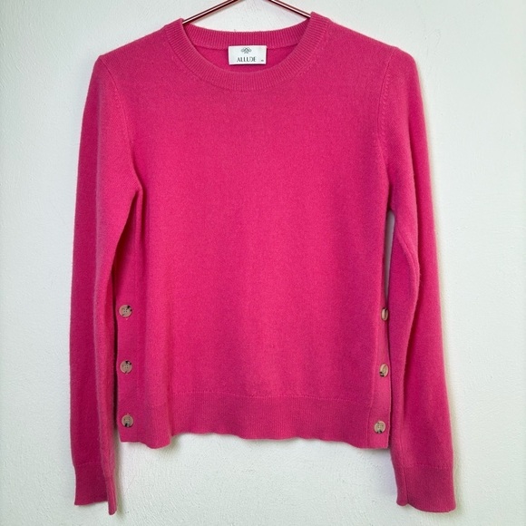 100% Cashmere Crew Neck Sweater Side Buttons Fuchsia Magenta Hot Pink Preppy XS - Picture 1 of 11